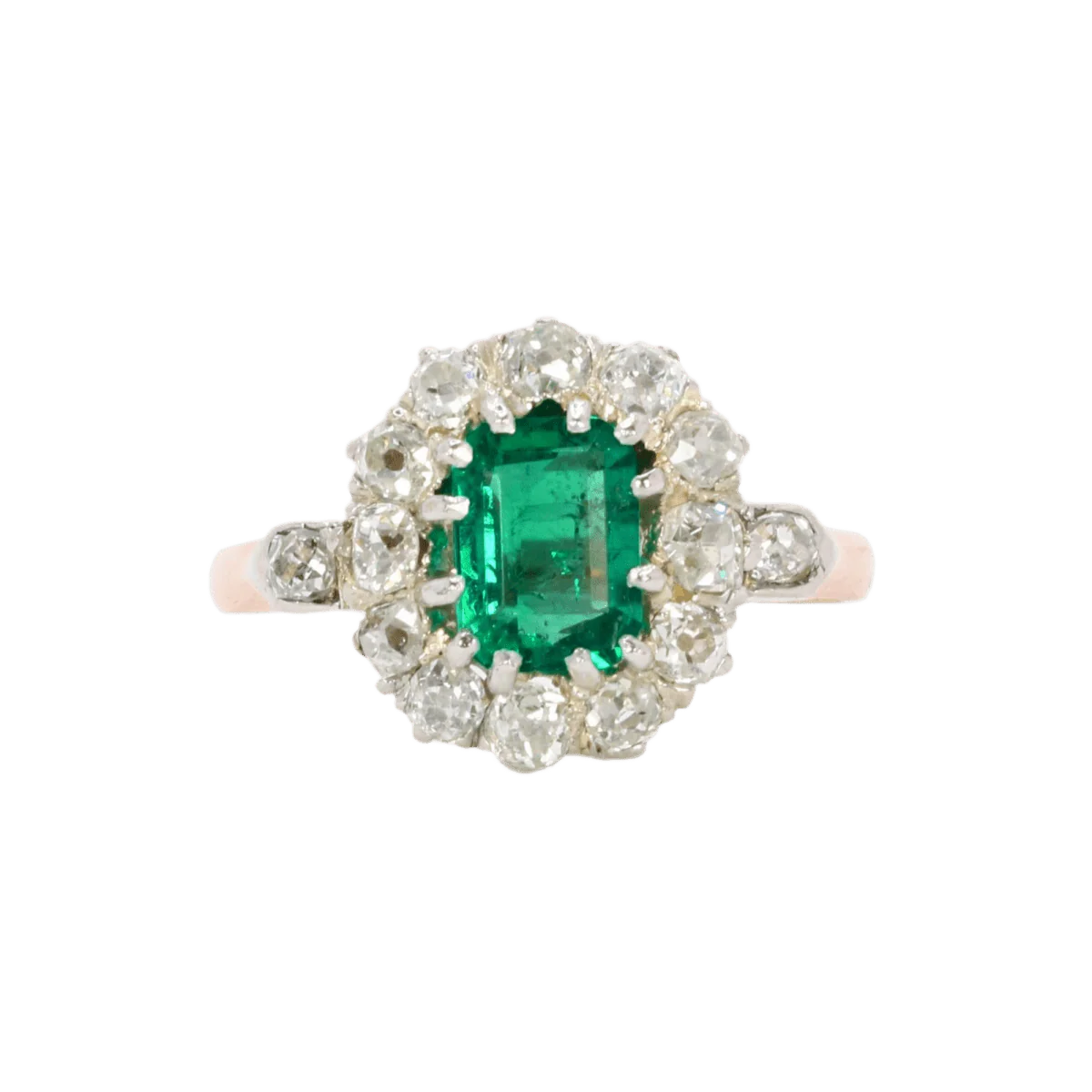 Bague Marguerite en or rose, or blanc, émeraude et diamants
