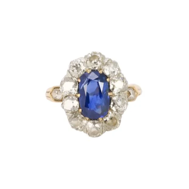 Bague Marguerite ancienne or rose, saphir et diamants