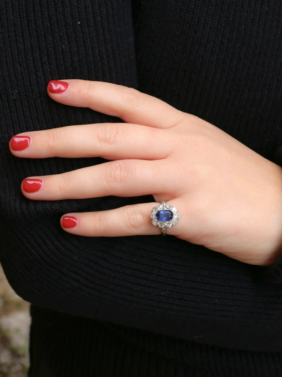 Bague Marguerite ancienne or rose, saphir et diamants - Image 8