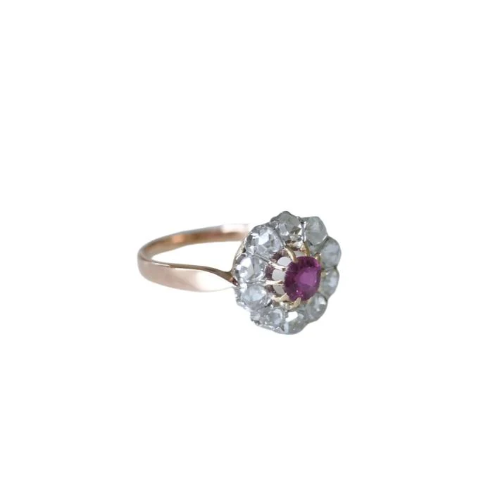 Bague Marguerite en or jaune, platine, saphir rose et diamants - Image 3