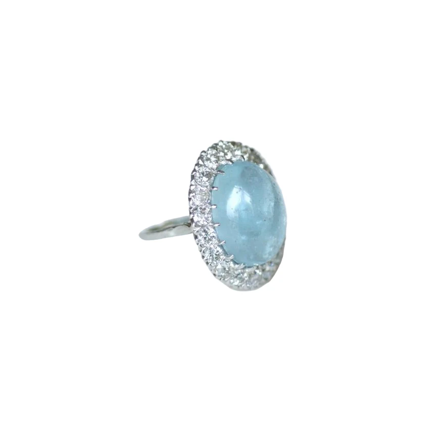 Bague Marguerite Cabochon Aigue Marine et Diamants - Image 3