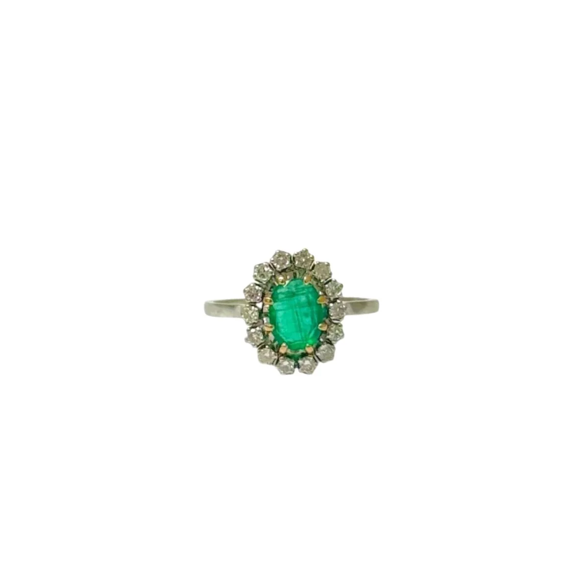 Bague marguerite en or blanc, émeraude et diamants