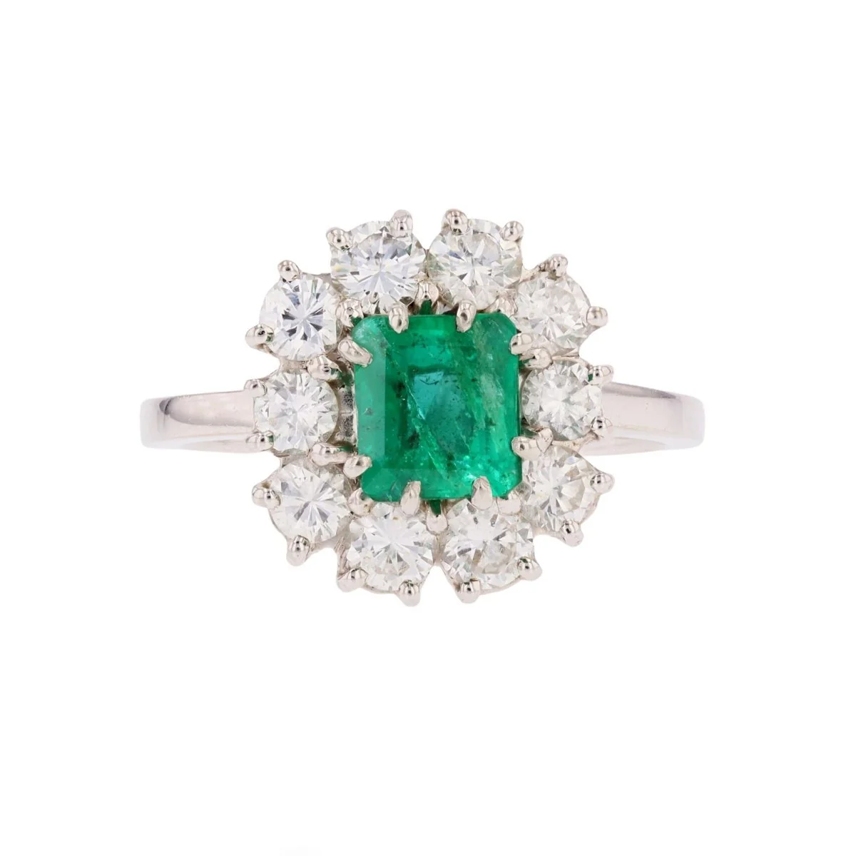Bague Marguerite en or blanc, platine, émeraude et diamants