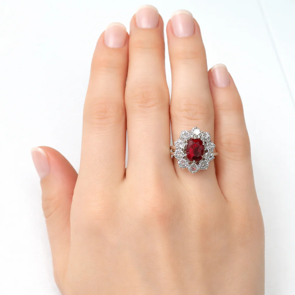Bague Marguerite en or blanc, rubis et diamants - Image 2
