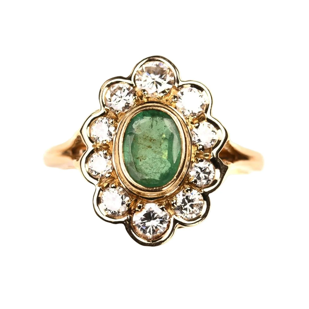 Bague Marguerite en or jaune, émeraude et diamants