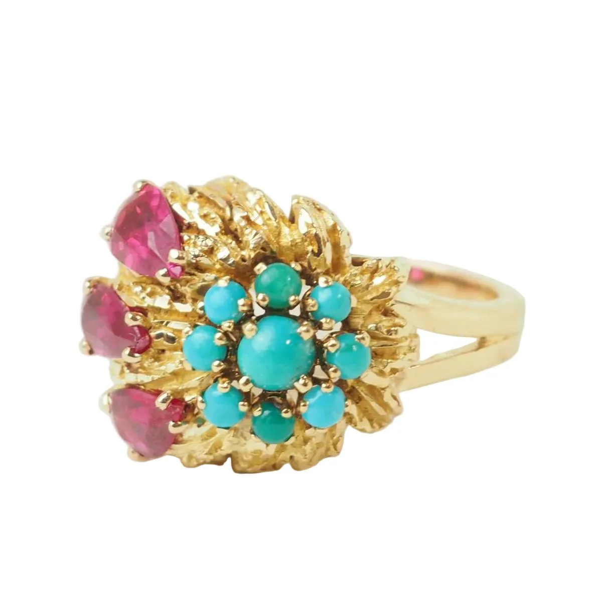 Bague Marguerite en or jaune, turquoises et rubis