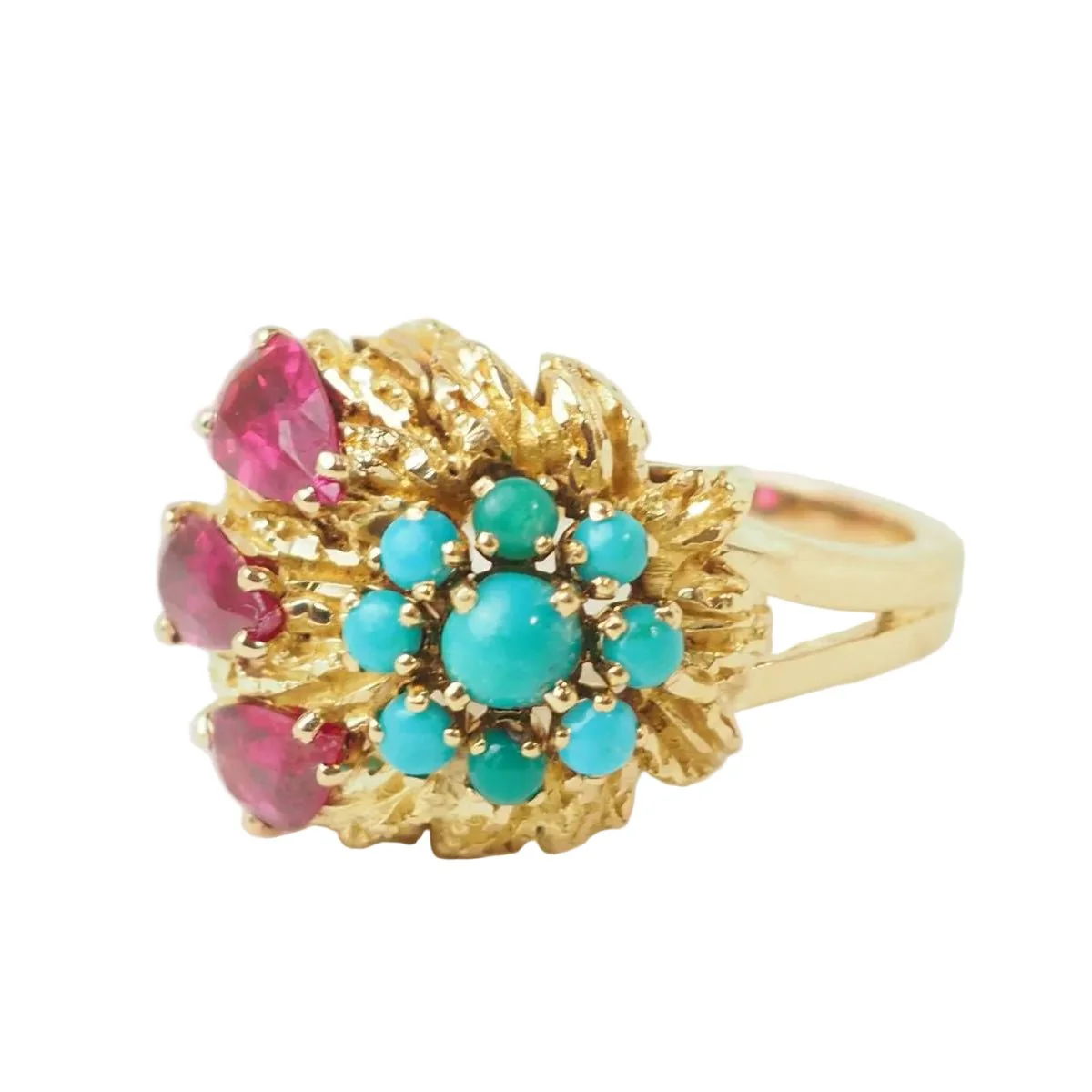 Bague Marguerite en or jaune, turquoises et rubis - Image 3