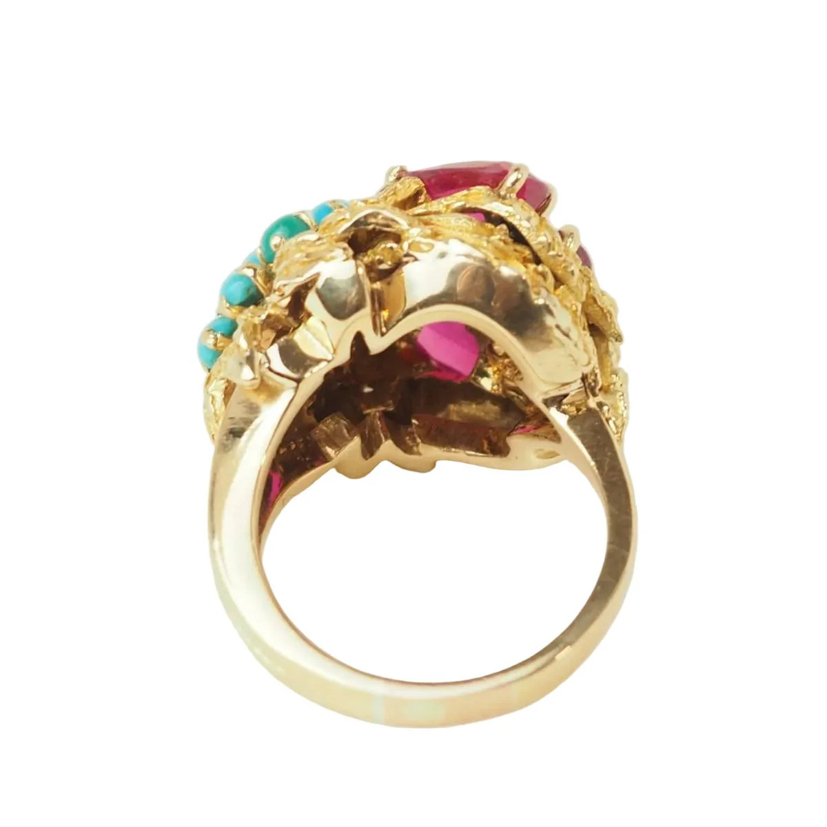 Bague Marguerite en or jaune, turquoises et rubis - Image 4
