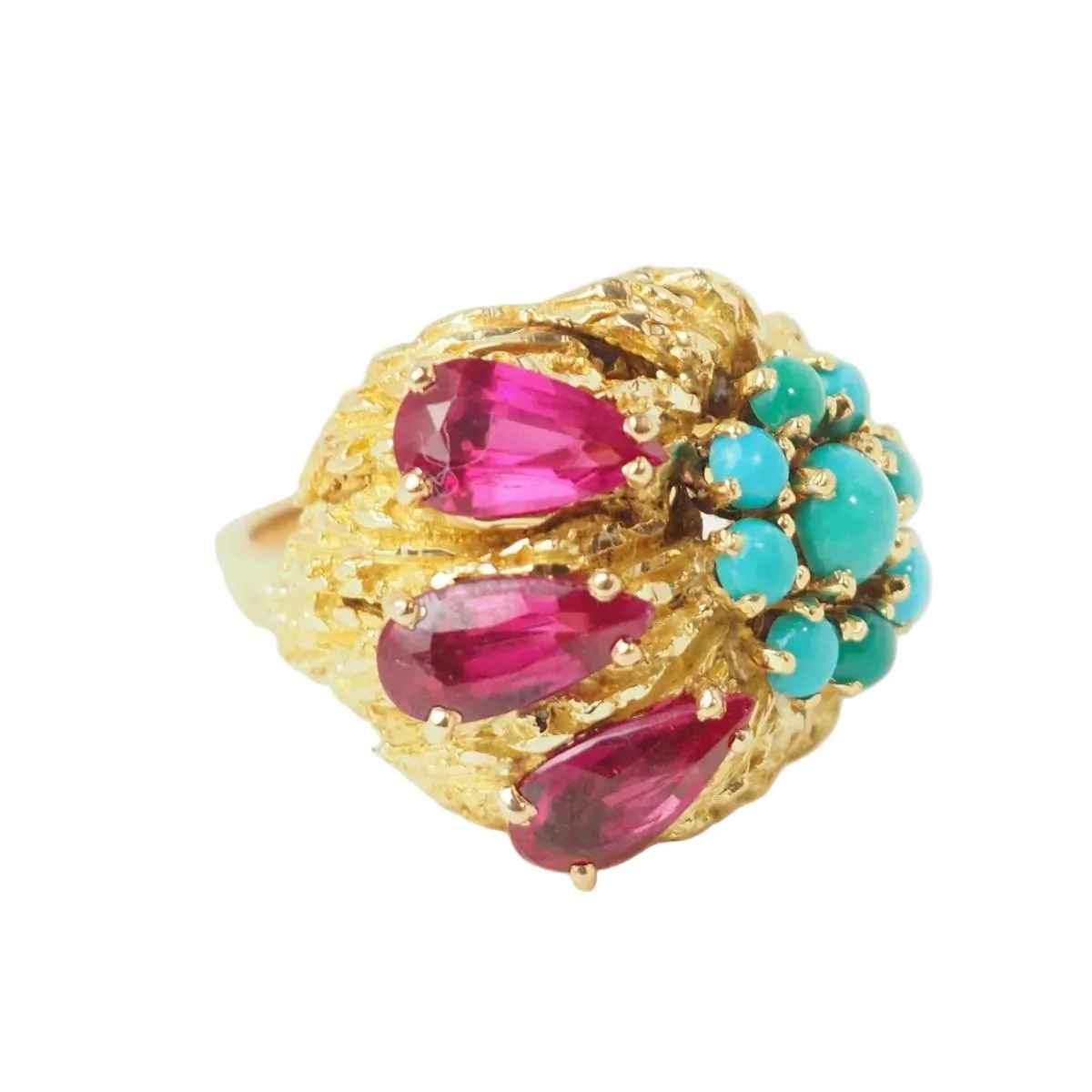 Bague Marguerite en or jaune, turquoises et rubis - Image 5
