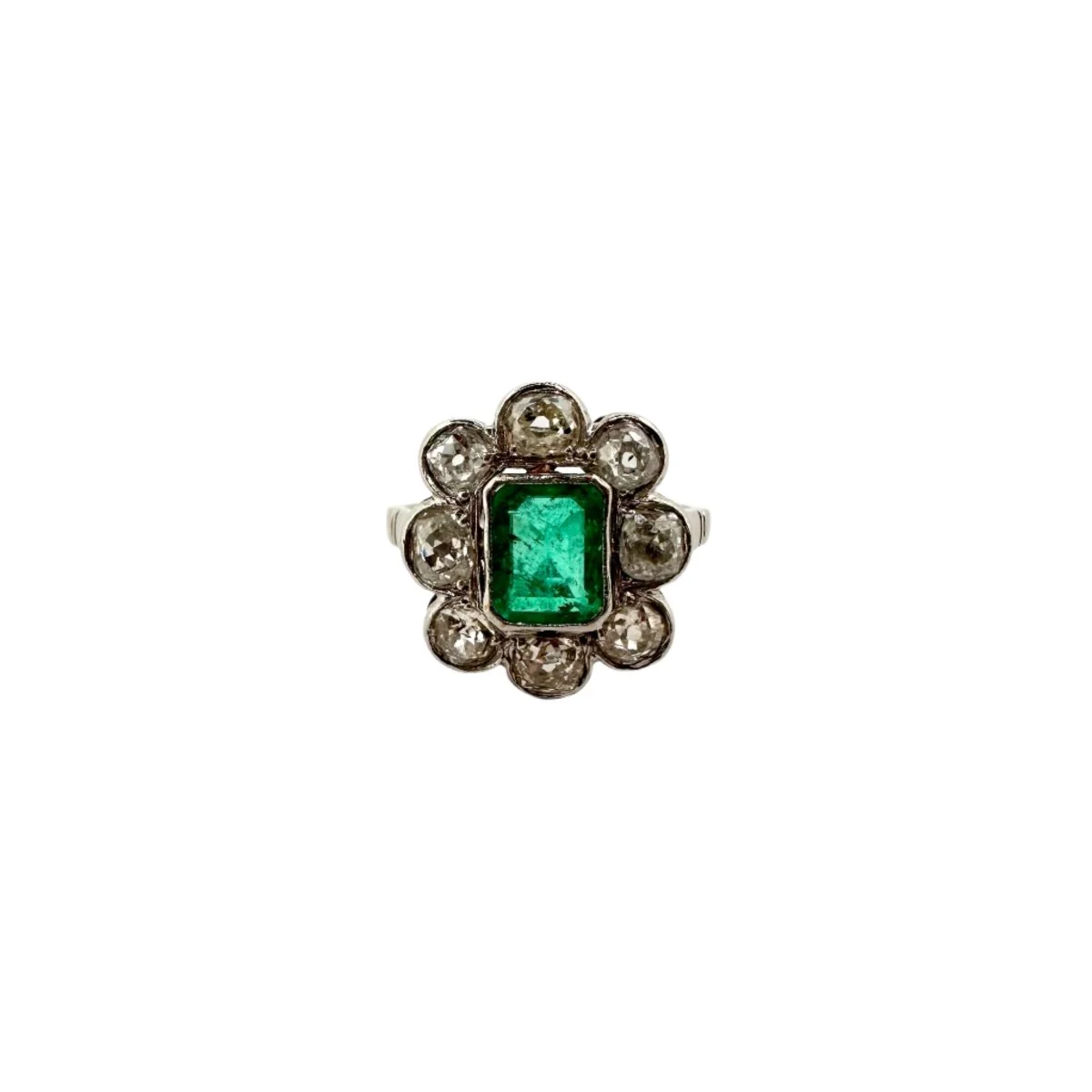 Bague Marguerite en platine avec émeraude et diamant