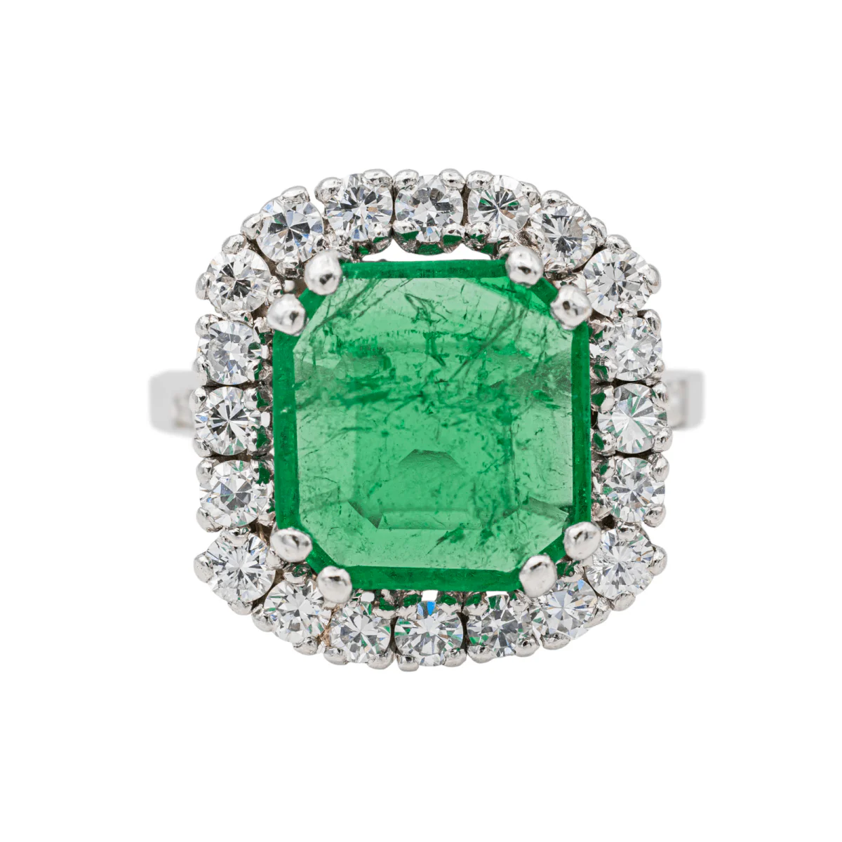 Bague Marguerite en or blanc, platine et émeraude