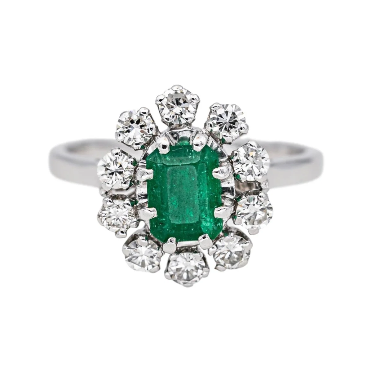 Bague Marguerite en or blanc, émeraude et diamants