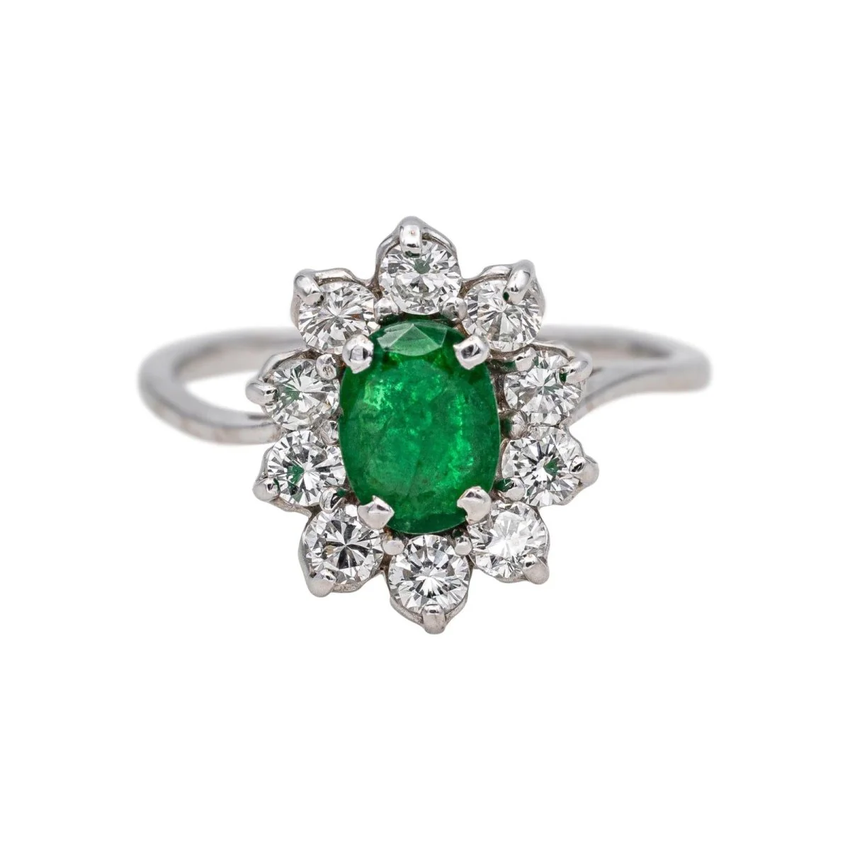 Bague Marguerite en or blanc, émeraude et diamants