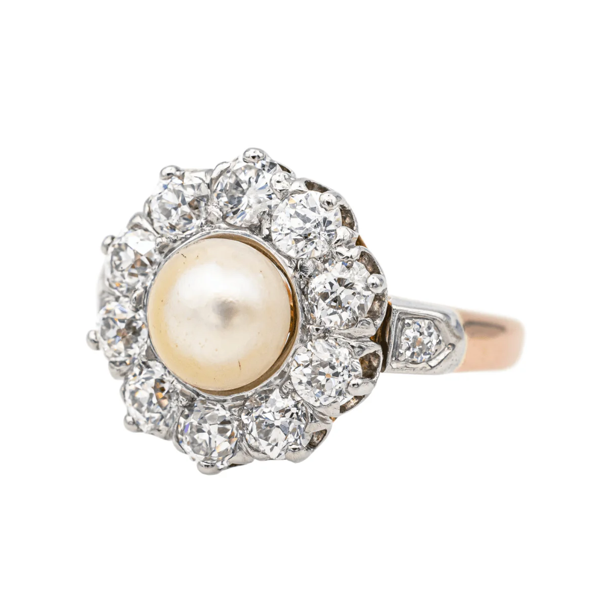 Bague Marguerite en or rose, platine, perle et diamants - Image 3