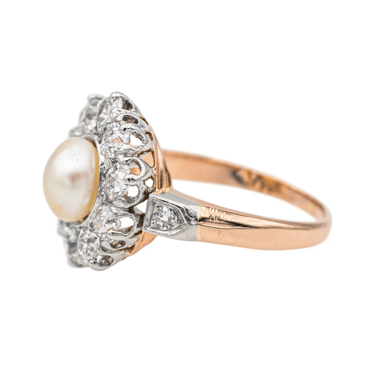 Bague Marguerite en or rose, platine, perle et diamants - Image 4