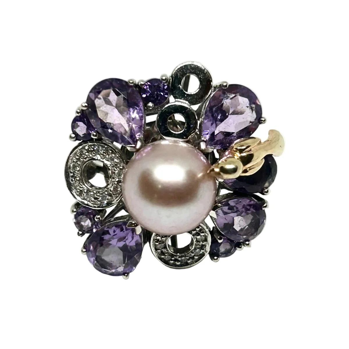 Bague Marguerite RAMBAUD "Pie" en or blanc, perle, améthystes et diamants