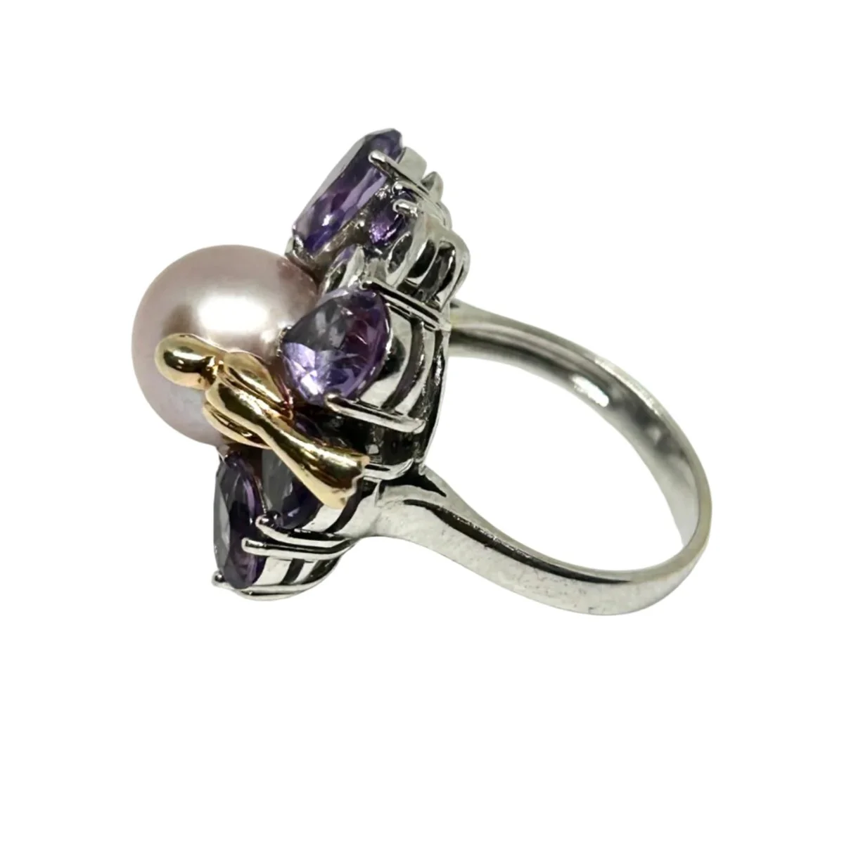 Bague Marguerite RAMBAUD "Pie" en or blanc, perle, améthystes et diamants - Image 2