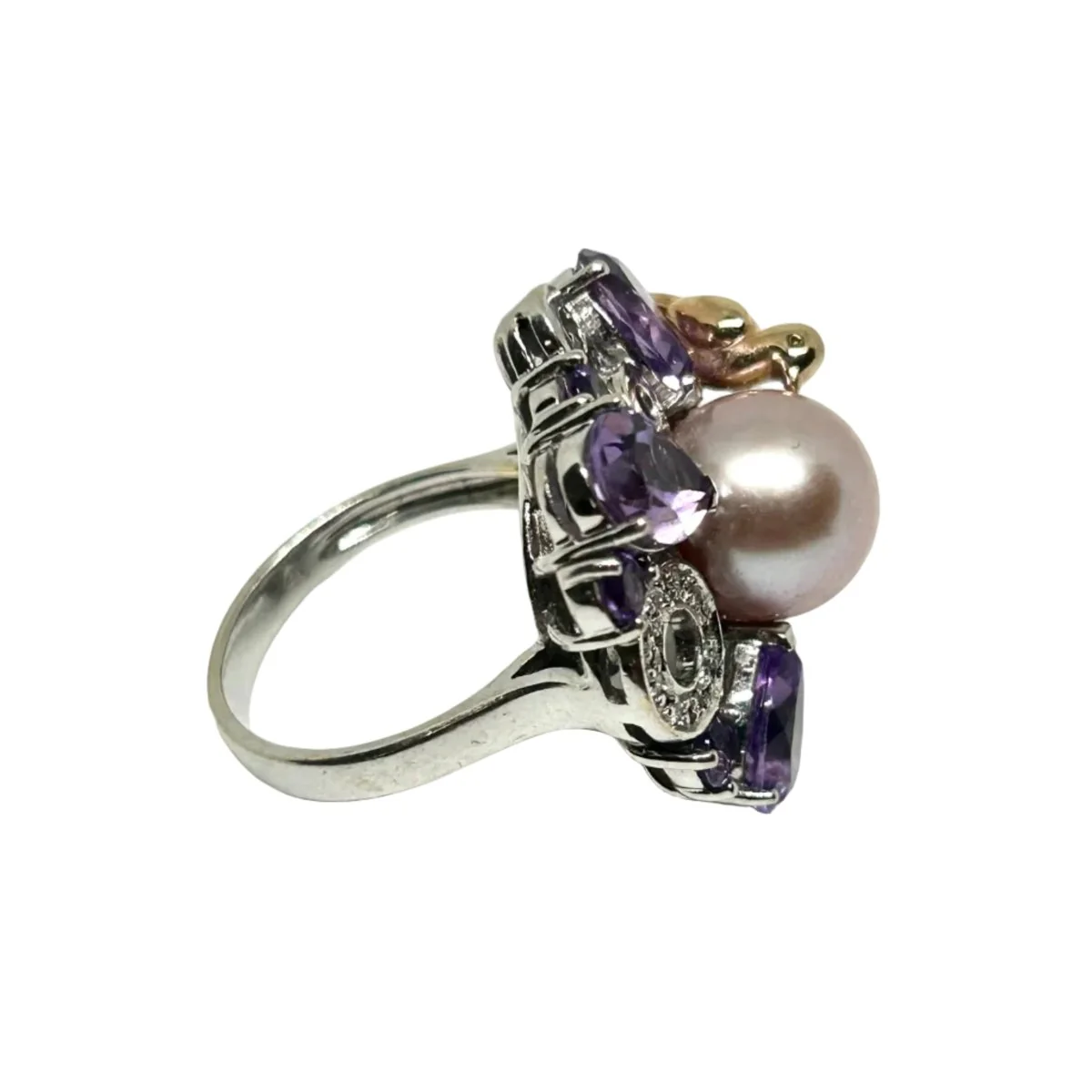 Bague Marguerite RAMBAUD "Pie" en or blanc, perle, améthystes et diamants - Image 4