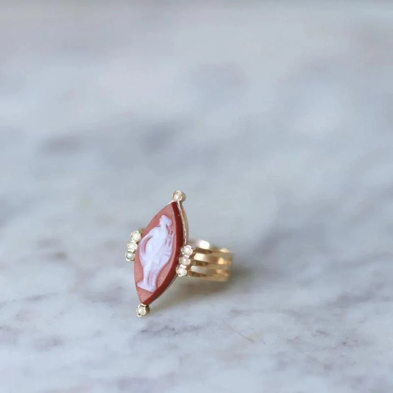 Bague Marquise en or rose, perles et agate - Image 5