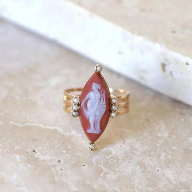 Bague Marquise en or rose, perles et agate - Image 6