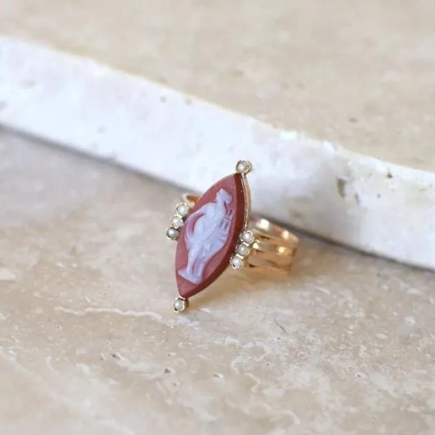 Bague Marquise en or rose, perles et agate - Image 8