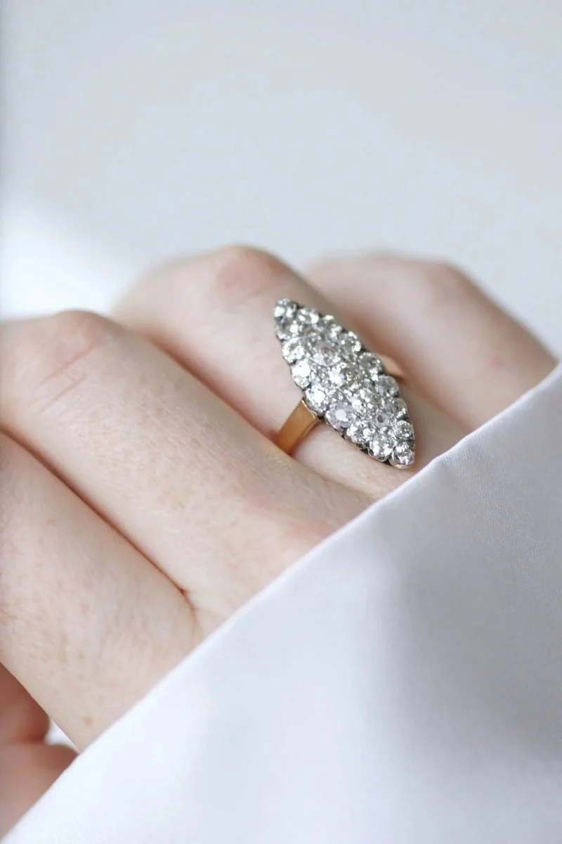 Bague Marquise diamants sur or et platine - Image 5