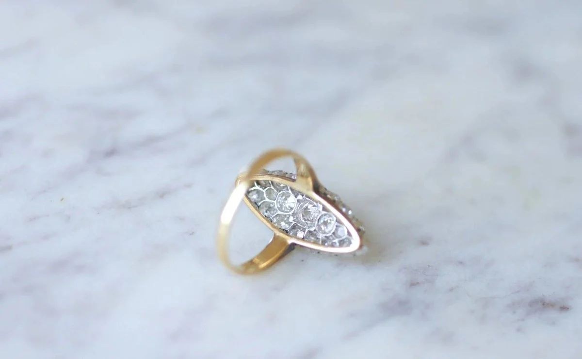Bague Marquise diamants sur or et platine - Image 6