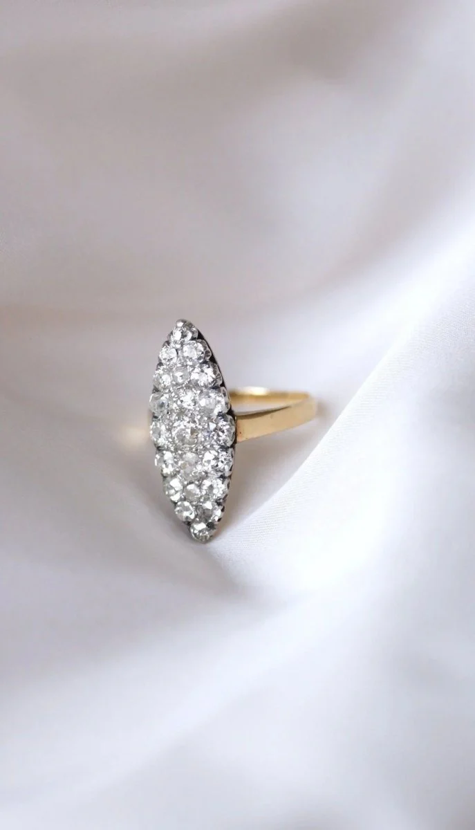 Bague Marquise diamants sur or et platine - Image 7