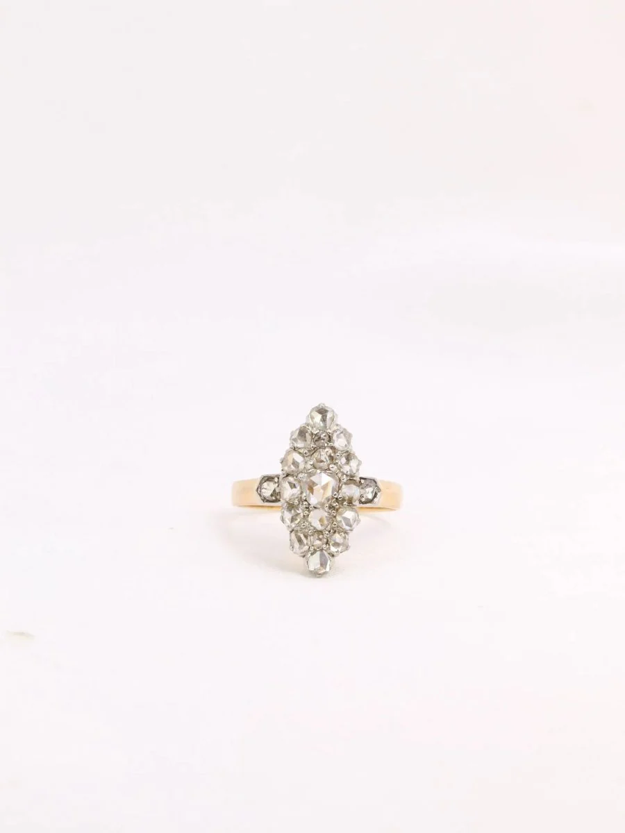 Bague marquise ancienne or platine diamants taille rose