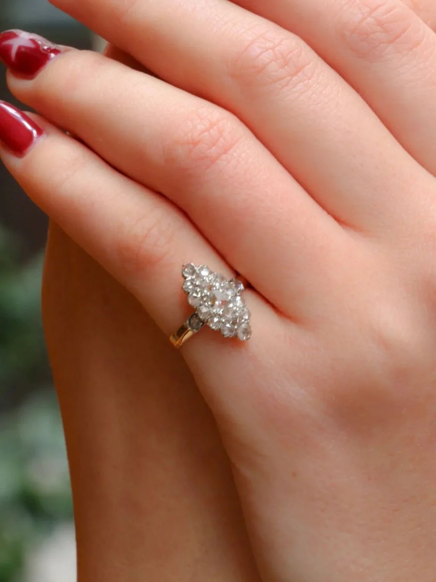 Bague marquise ancienne or platine diamants taille rose - Image 2
