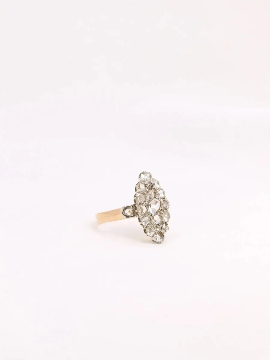 Bague marquise ancienne or platine diamants taille rose - Image 7