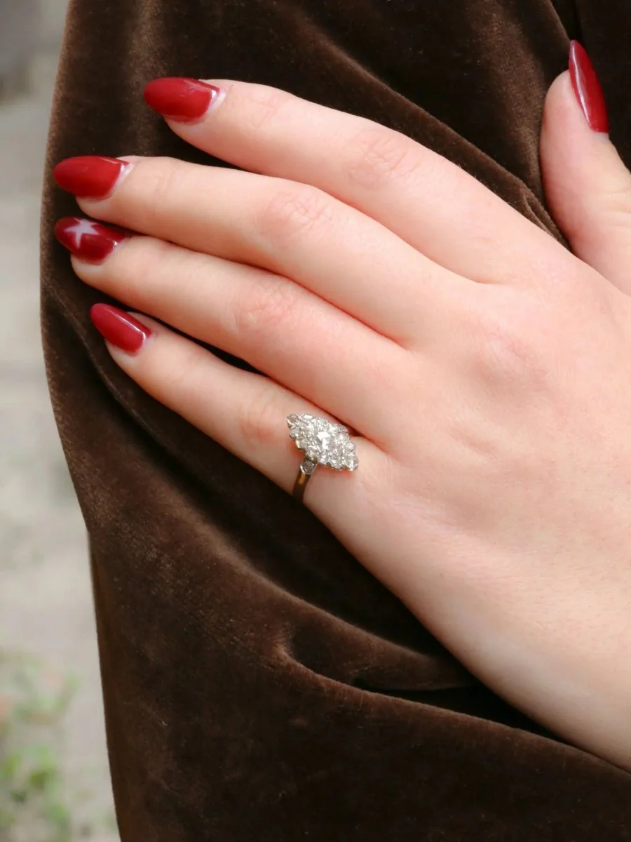 Bague marquise ancienne or platine diamants taille rose - Image 8