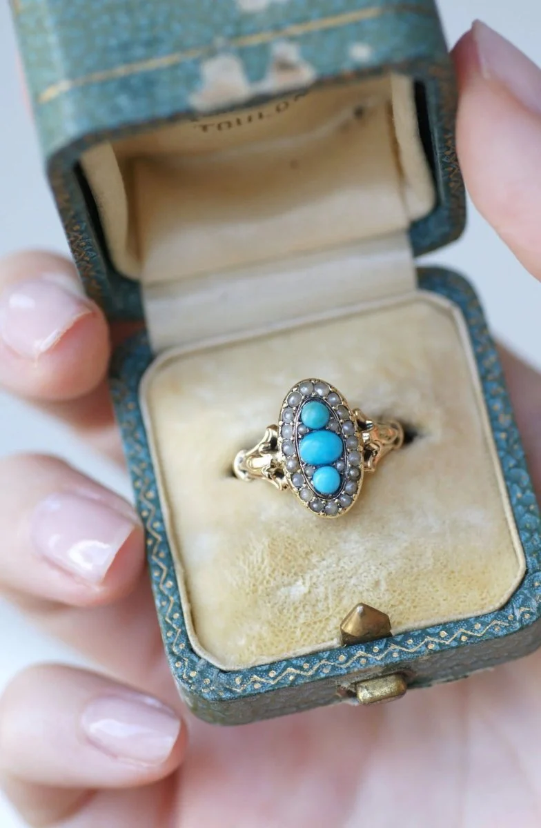 Bague marquise turquoises et perles