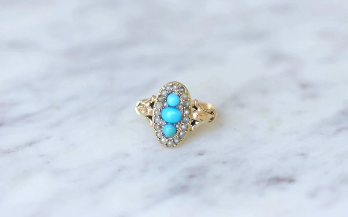 Bague marquise turquoises et perles - Image 2