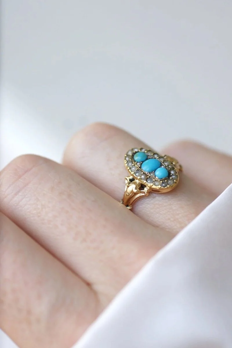 Bague marquise turquoises et perles - Image 3