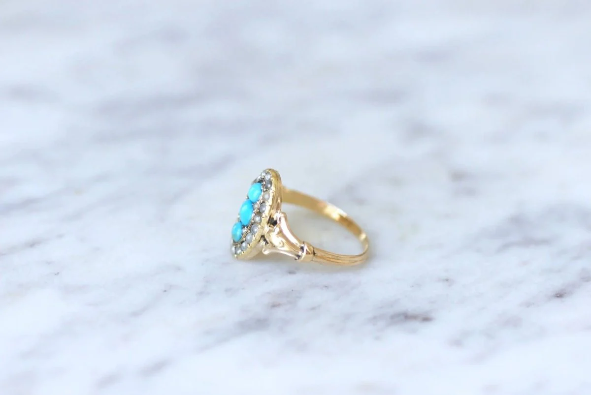Bague marquise turquoises et perles - Image 4