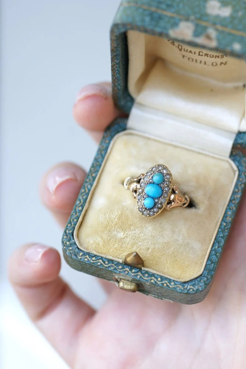 Bague marquise turquoises et perles - Image 5