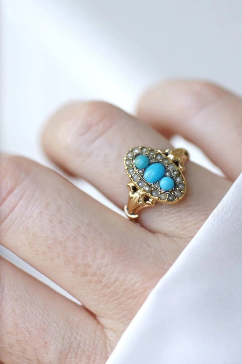 Bague marquise turquoises et perles - Image 7
