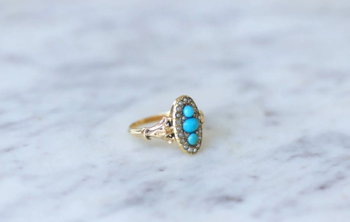 Bague marquise turquoises et perles - Image 8