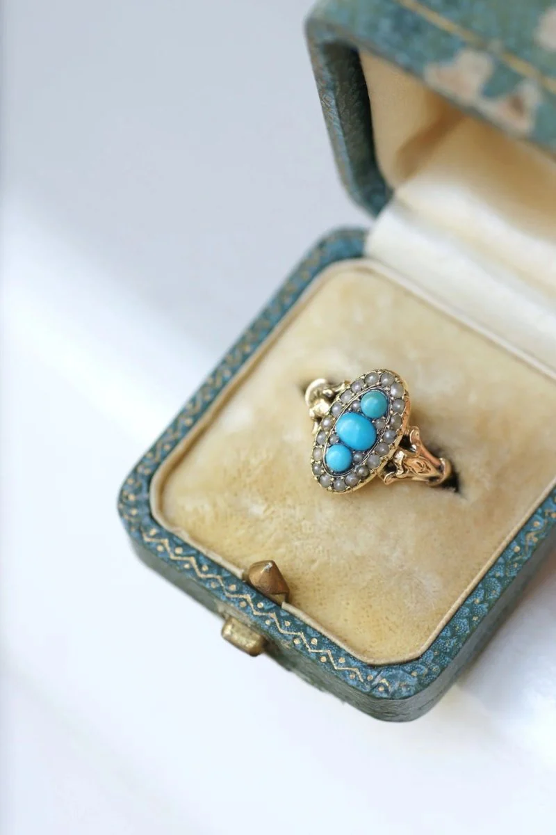 Bague marquise turquoises et perles - Image 9