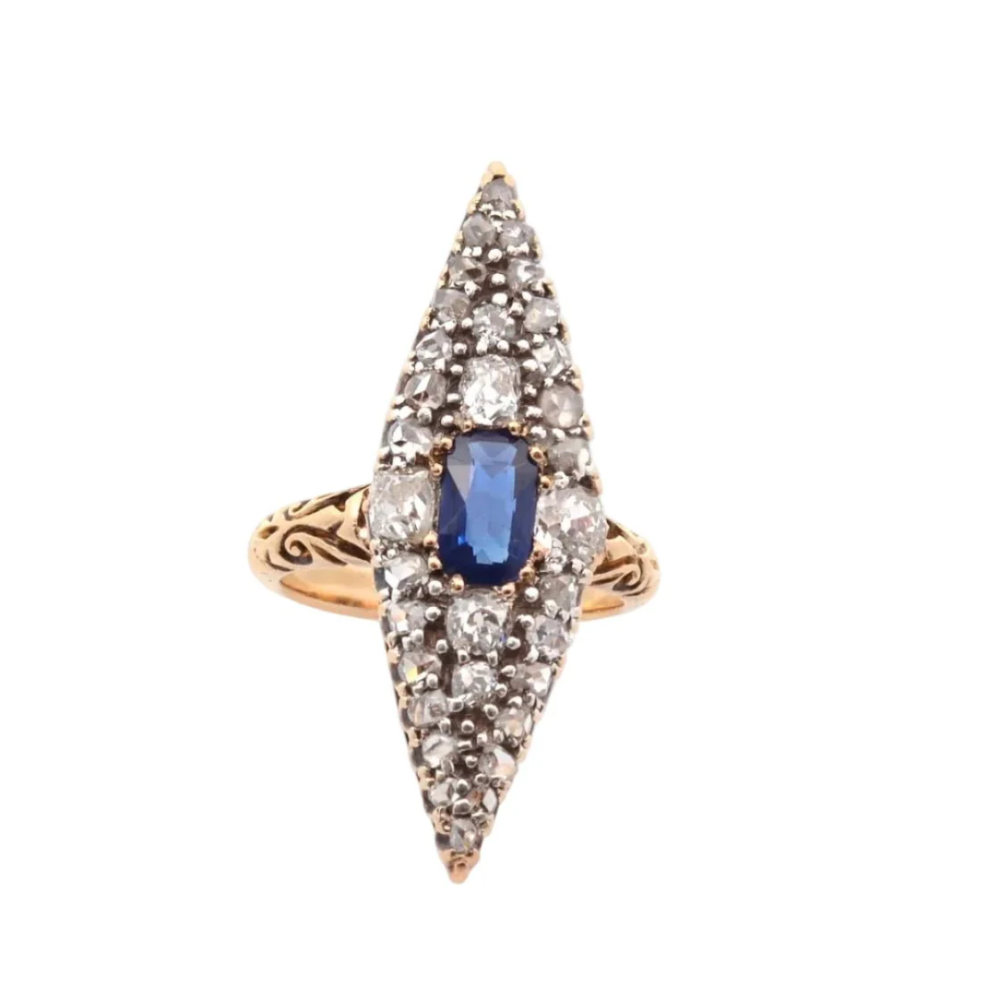 Bague Marquise en or jaune, saphir et diamants