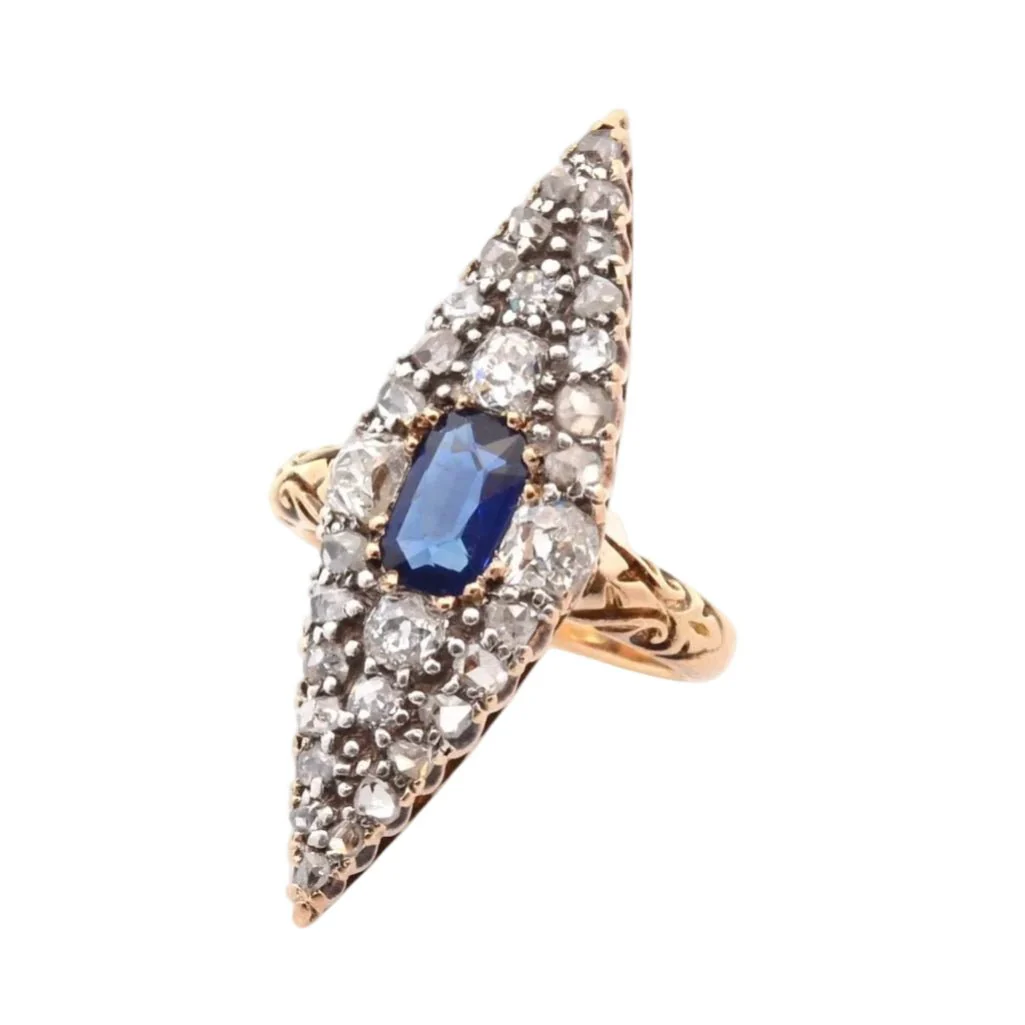 Bague Marquise en or jaune, saphir et diamants - Image 2