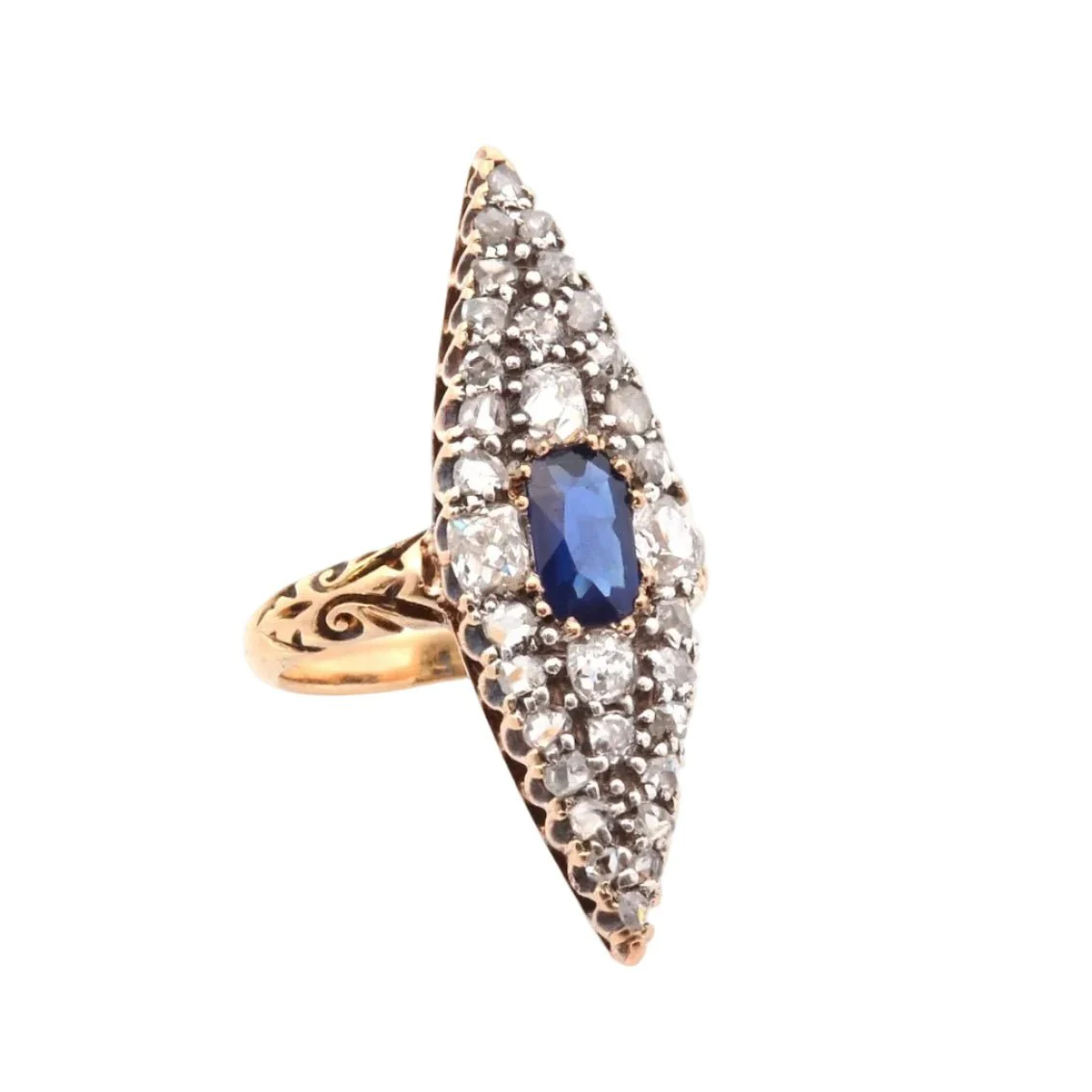 Bague Marquise en or jaune, saphir et diamants - Image 4