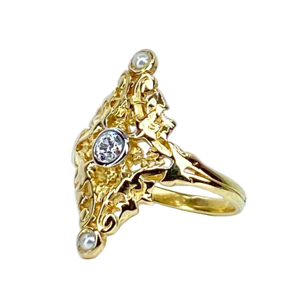 Bague Marquise en or jaune, perle et diamants - Image 3