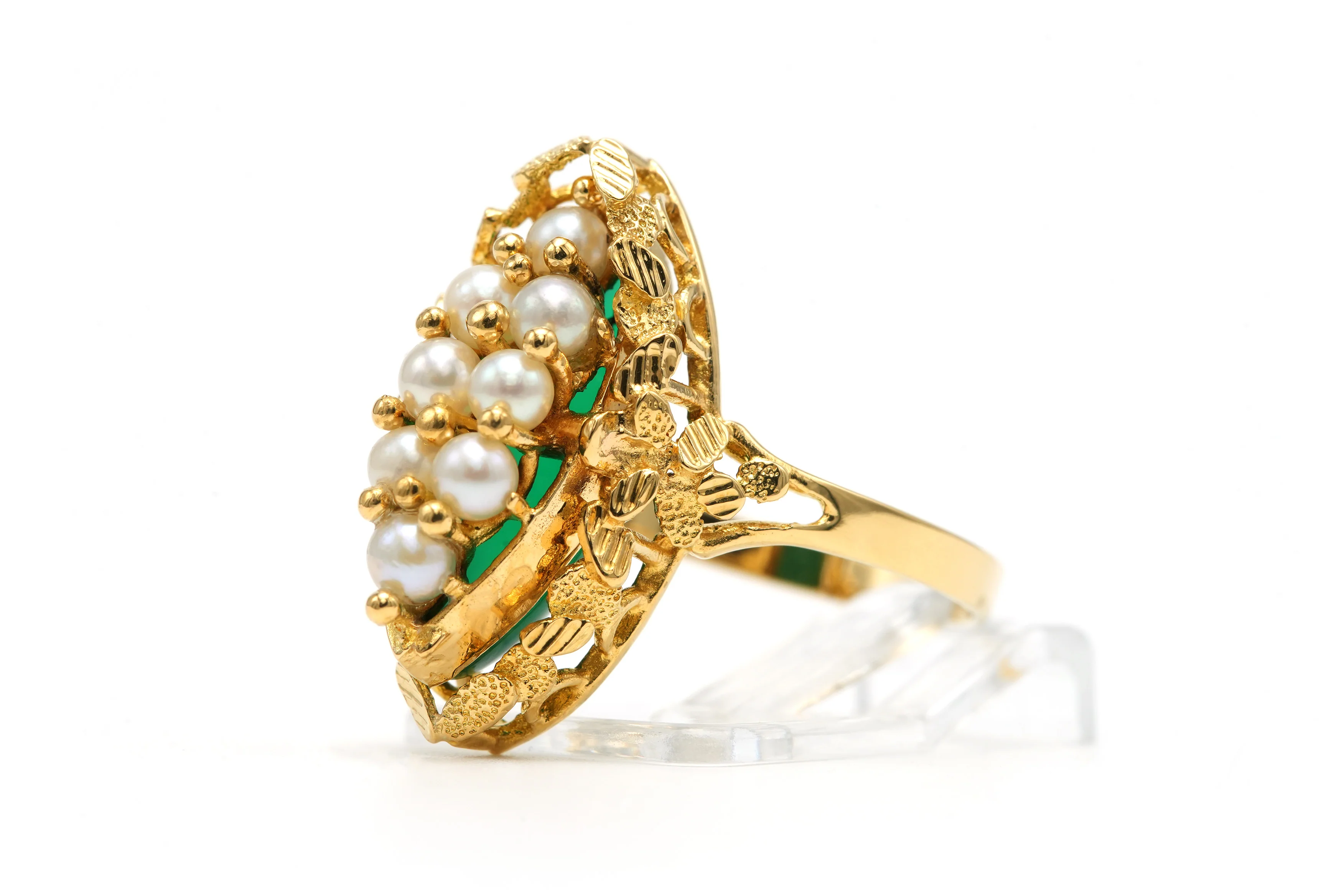 Bague Marquise en or jaune, chrysoprases et perles - Image 2