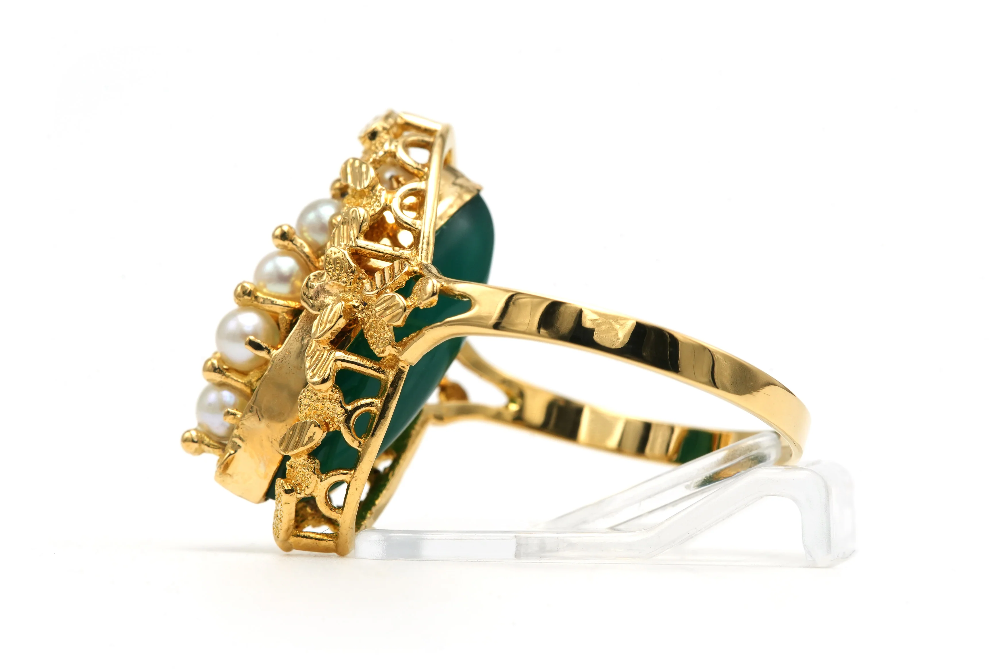 Bague Marquise en or jaune, chrysoprases et perles - Image 3