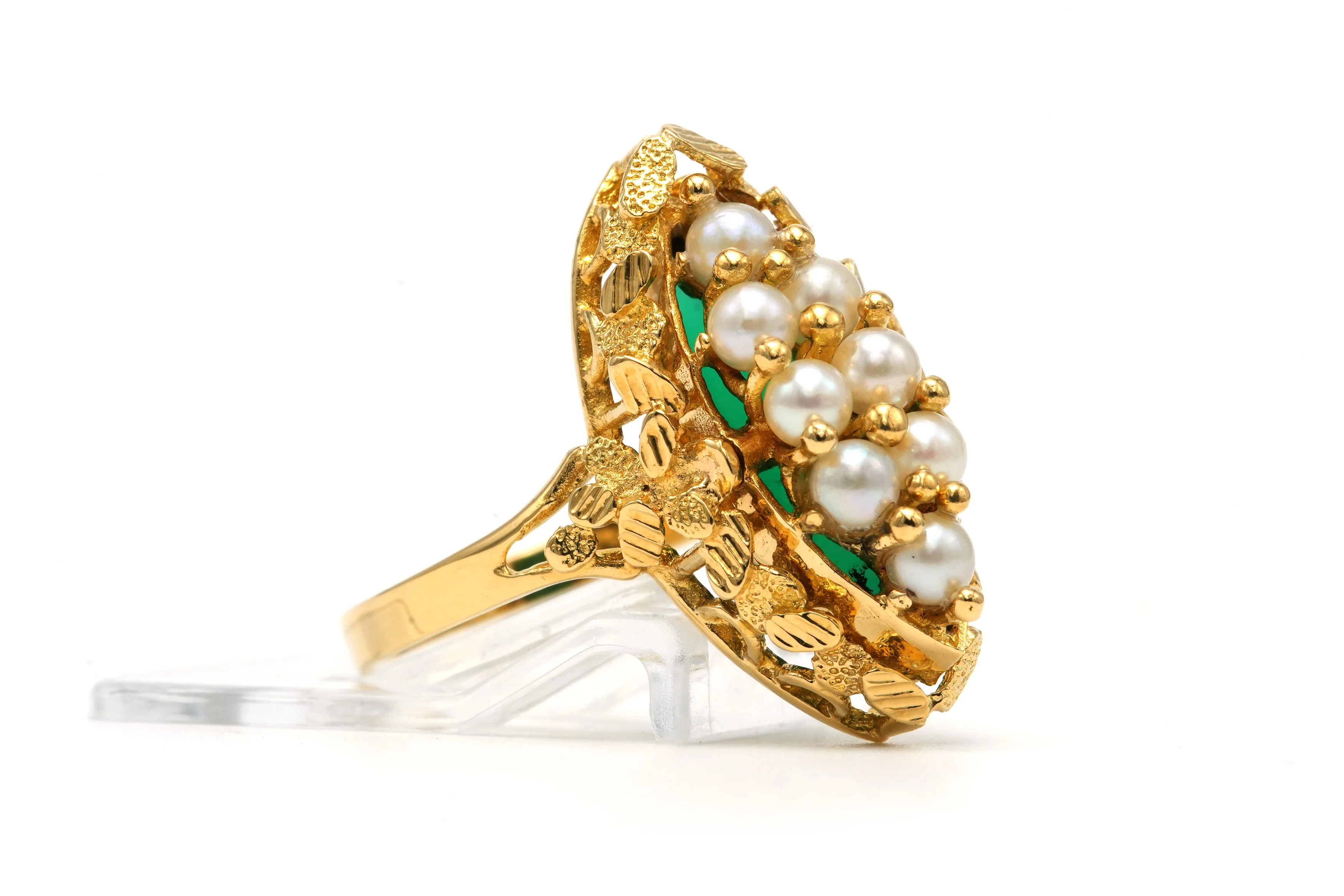 Bague Marquise en or jaune, chrysoprases et perles - Image 6