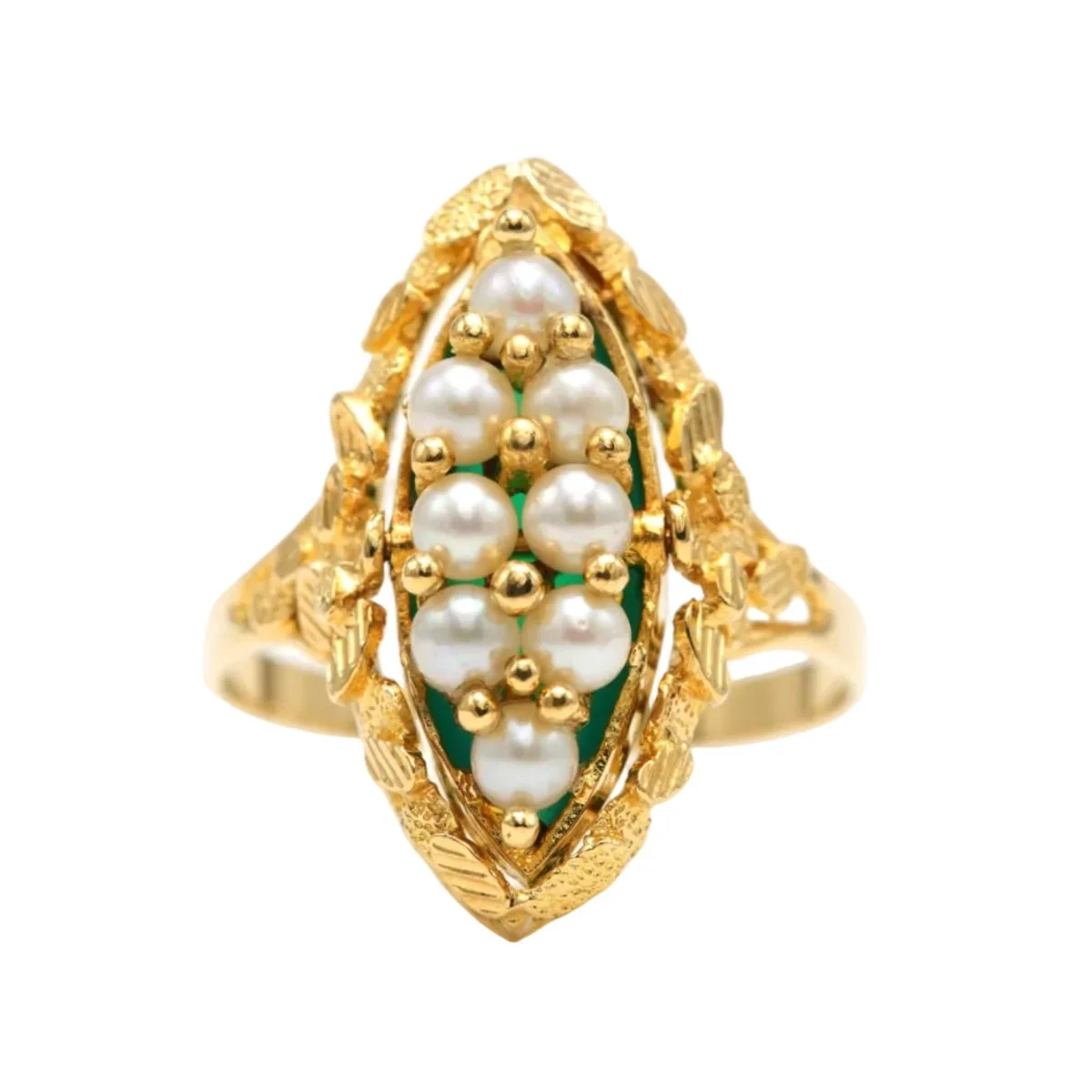 Bague Marquise en or jaune, chrysoprases et perles - Image 8