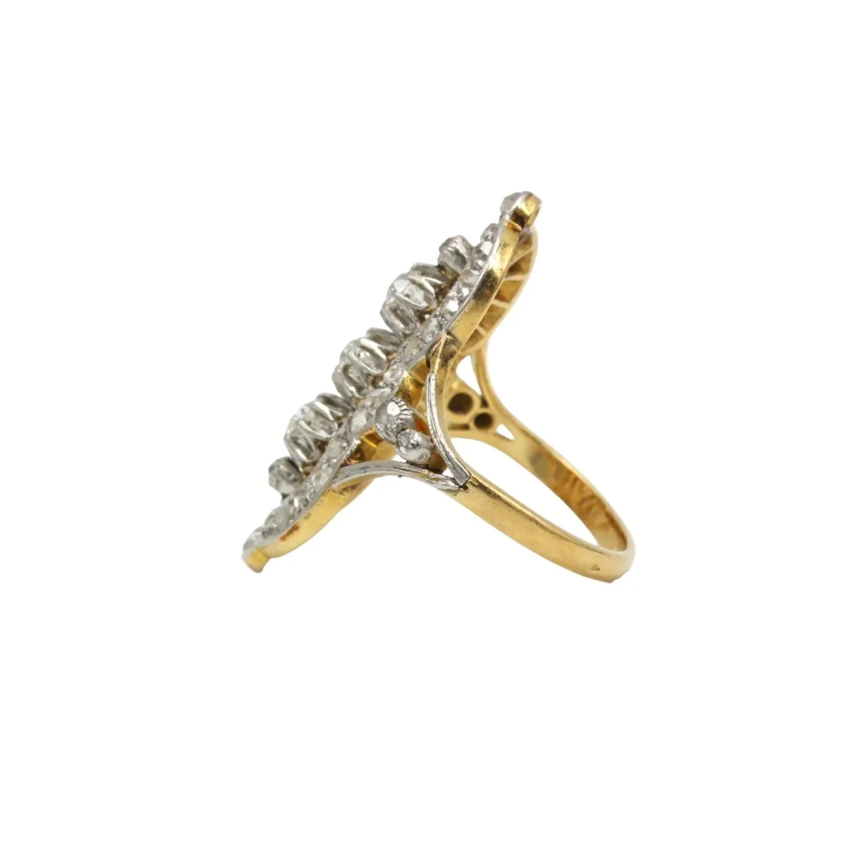 Bague Marquise en or jaune, platine et diamants - Image 3
