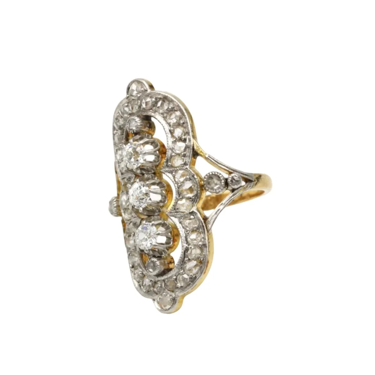 Bague Marquise en or jaune, platine et diamants - Image 6
